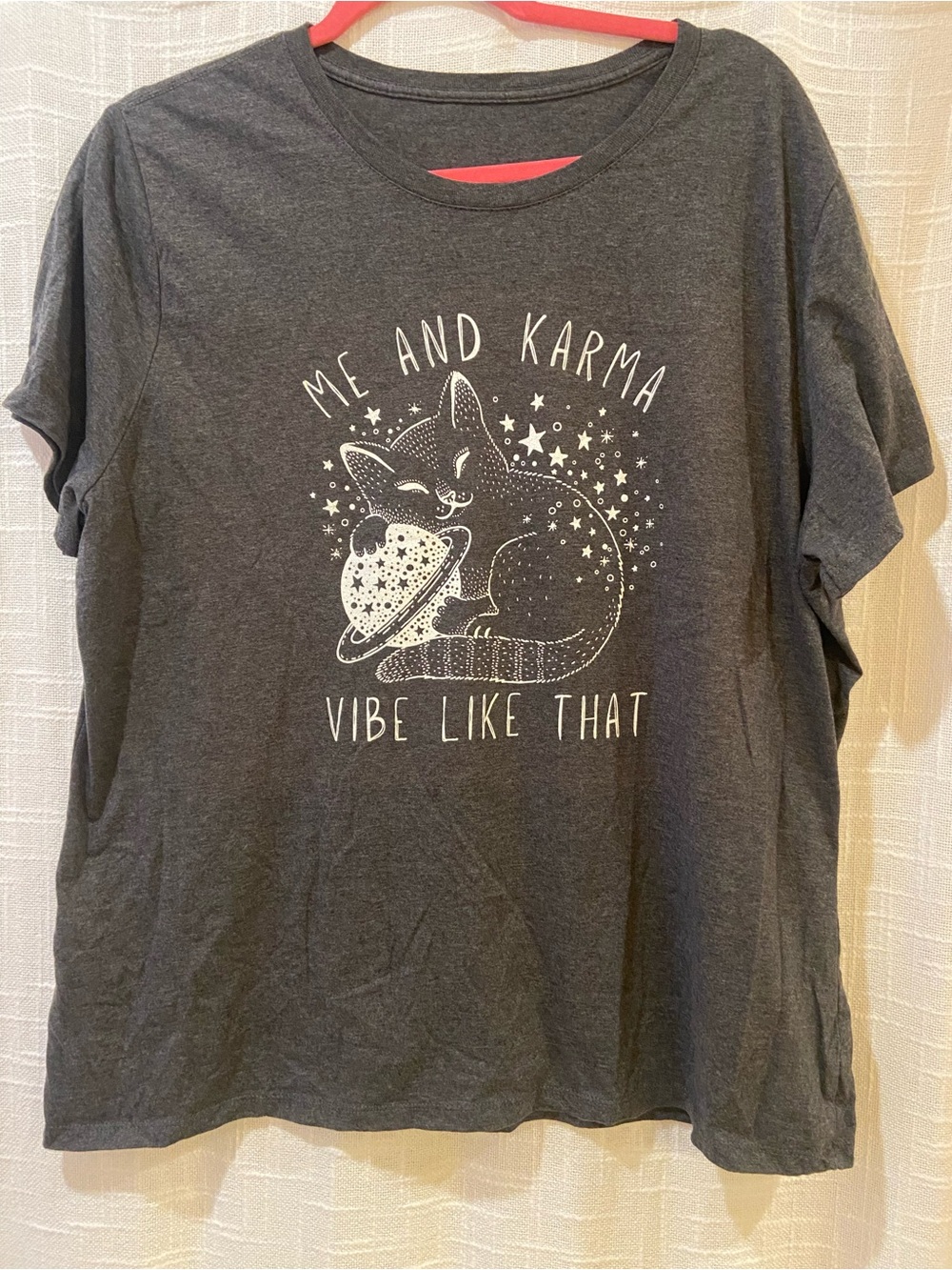 Gildan Dark Gray Short Sleeve Tee with White 'Me and Karma' Cat Graphic